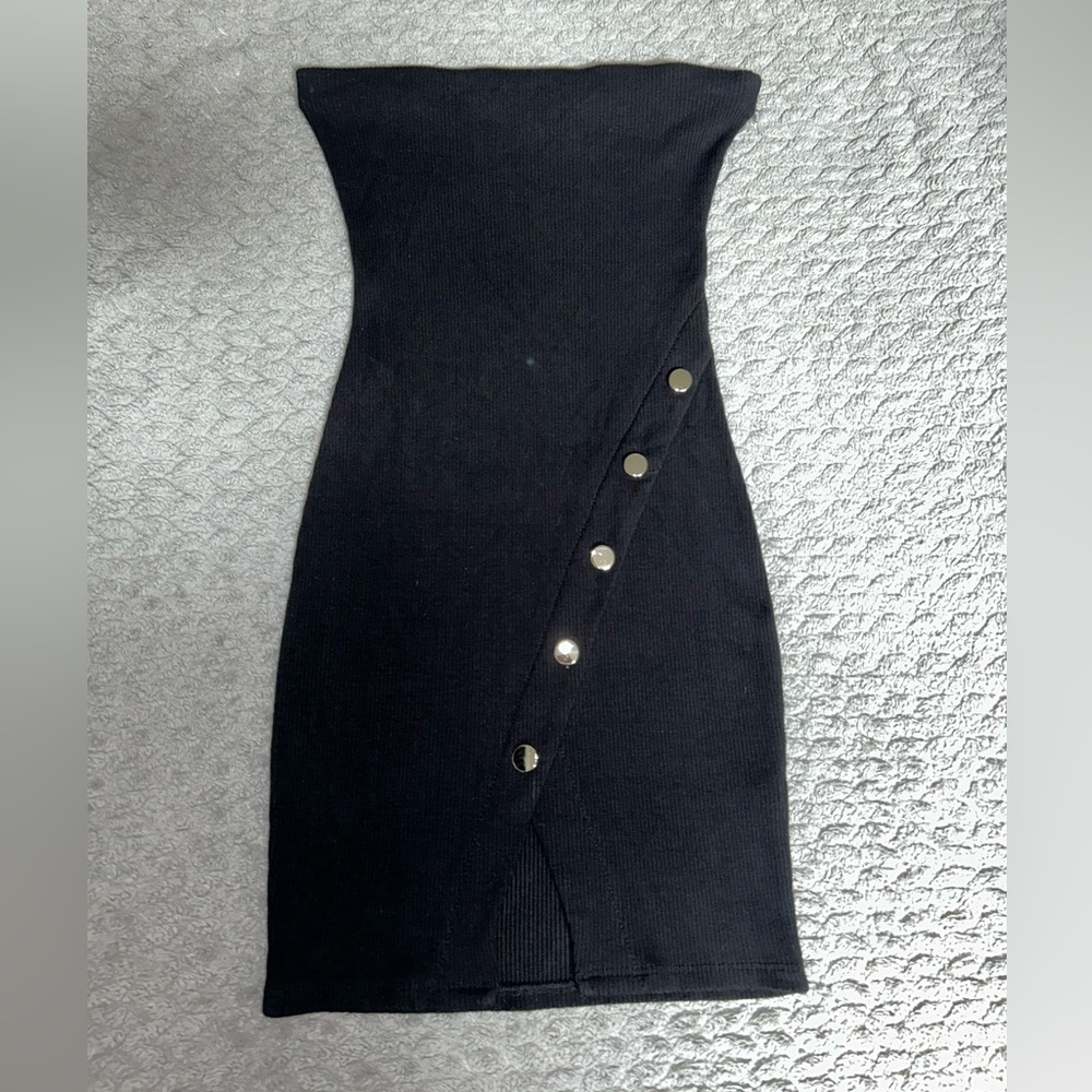 strapless black mini dress